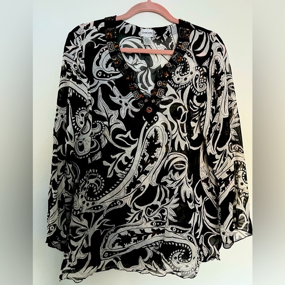 Chicos sheer beaded black and white tunic size 1 - Picture 1 of 8